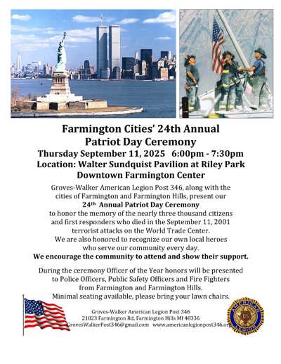 24th Annual Patriot Day Ceremony planned for Thursday, Sept 11
